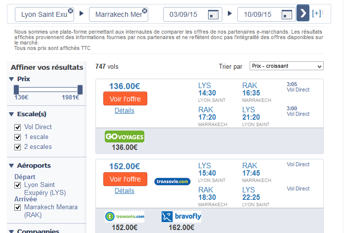 Exemple de vol Lyon Marrakech avec le comparateur de vol